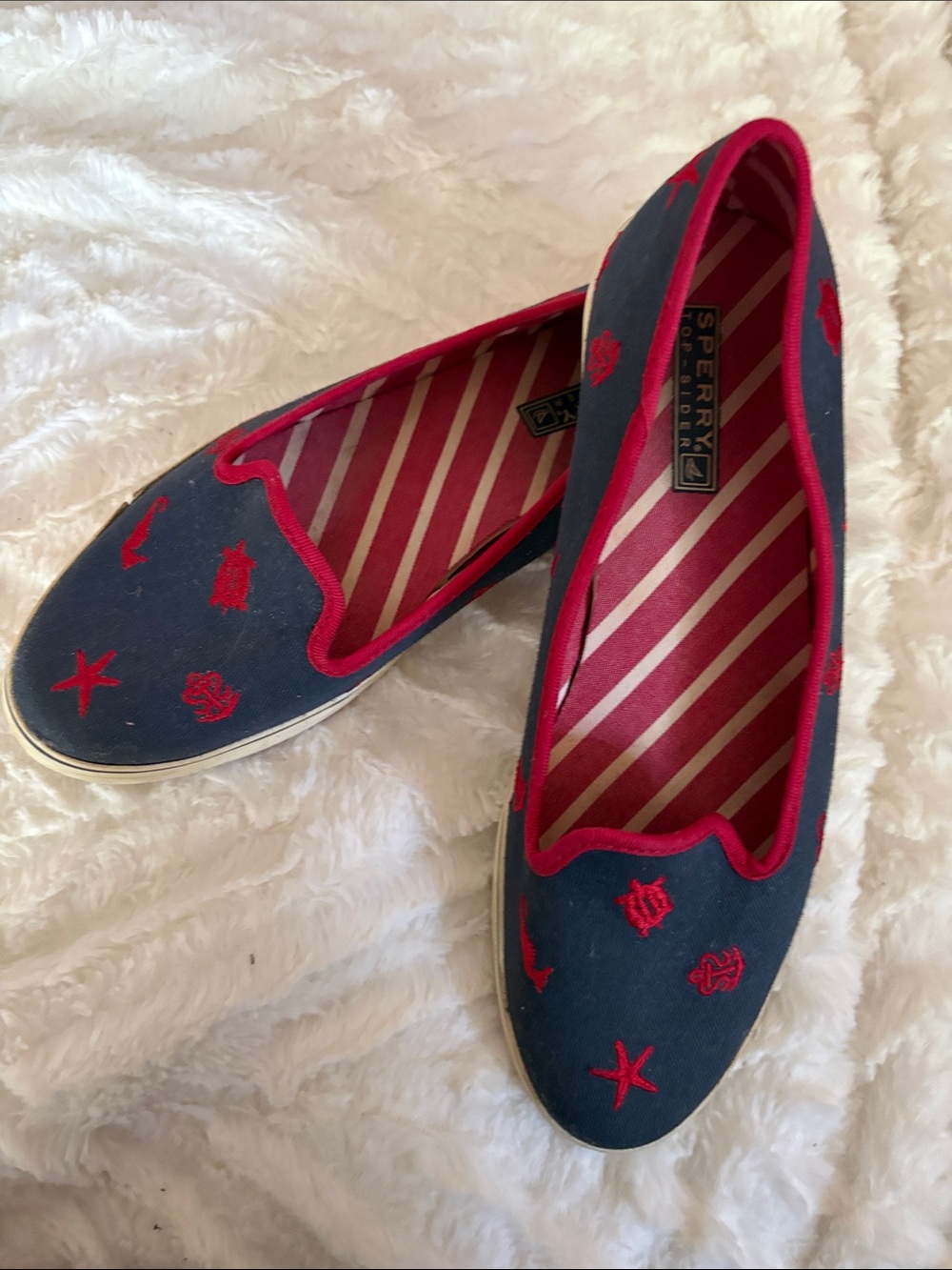Sperry Navy Canvas Slip-On Flats with Red Trim